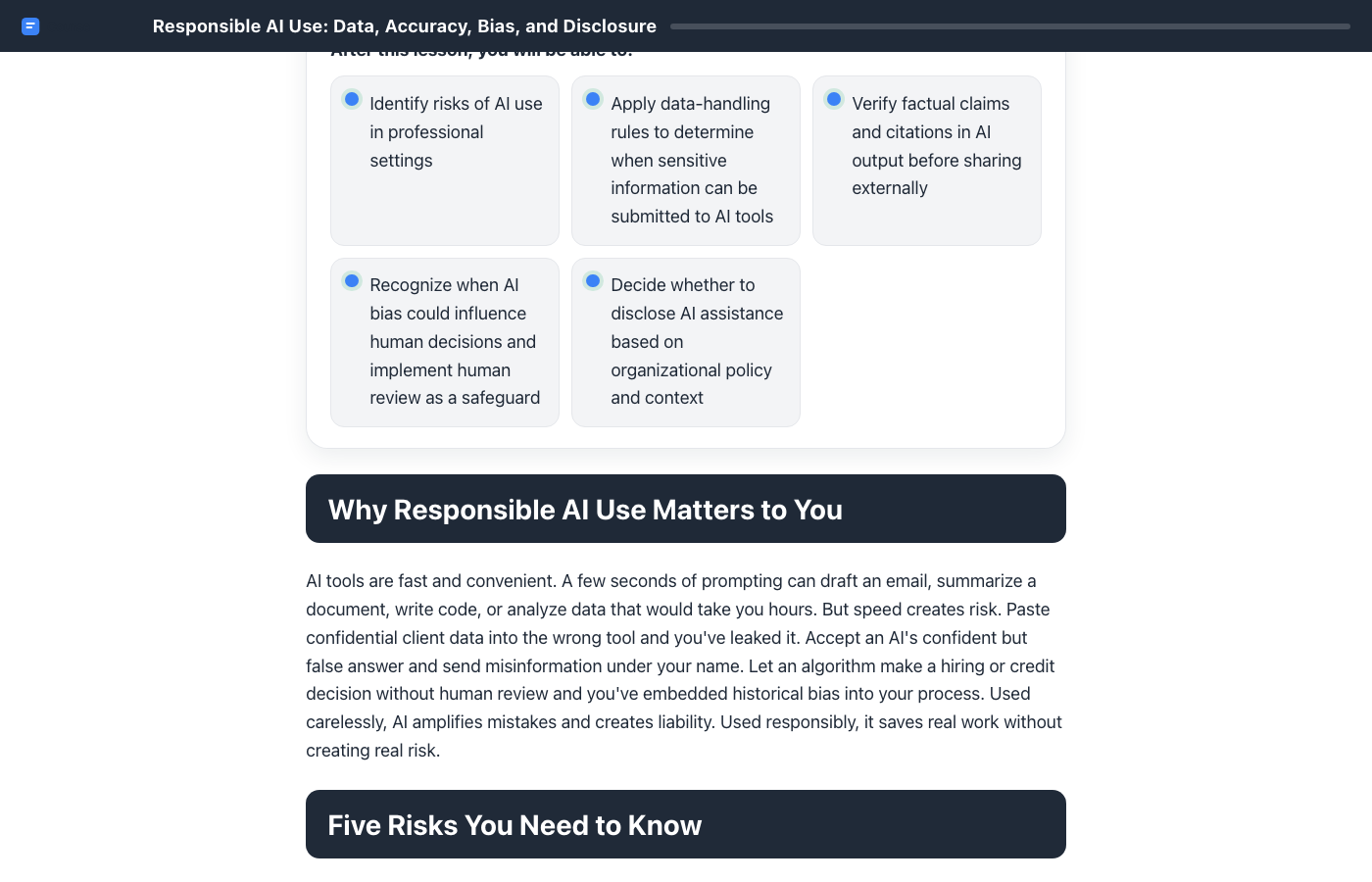 A finished interactive course with modules and knowledge checks.